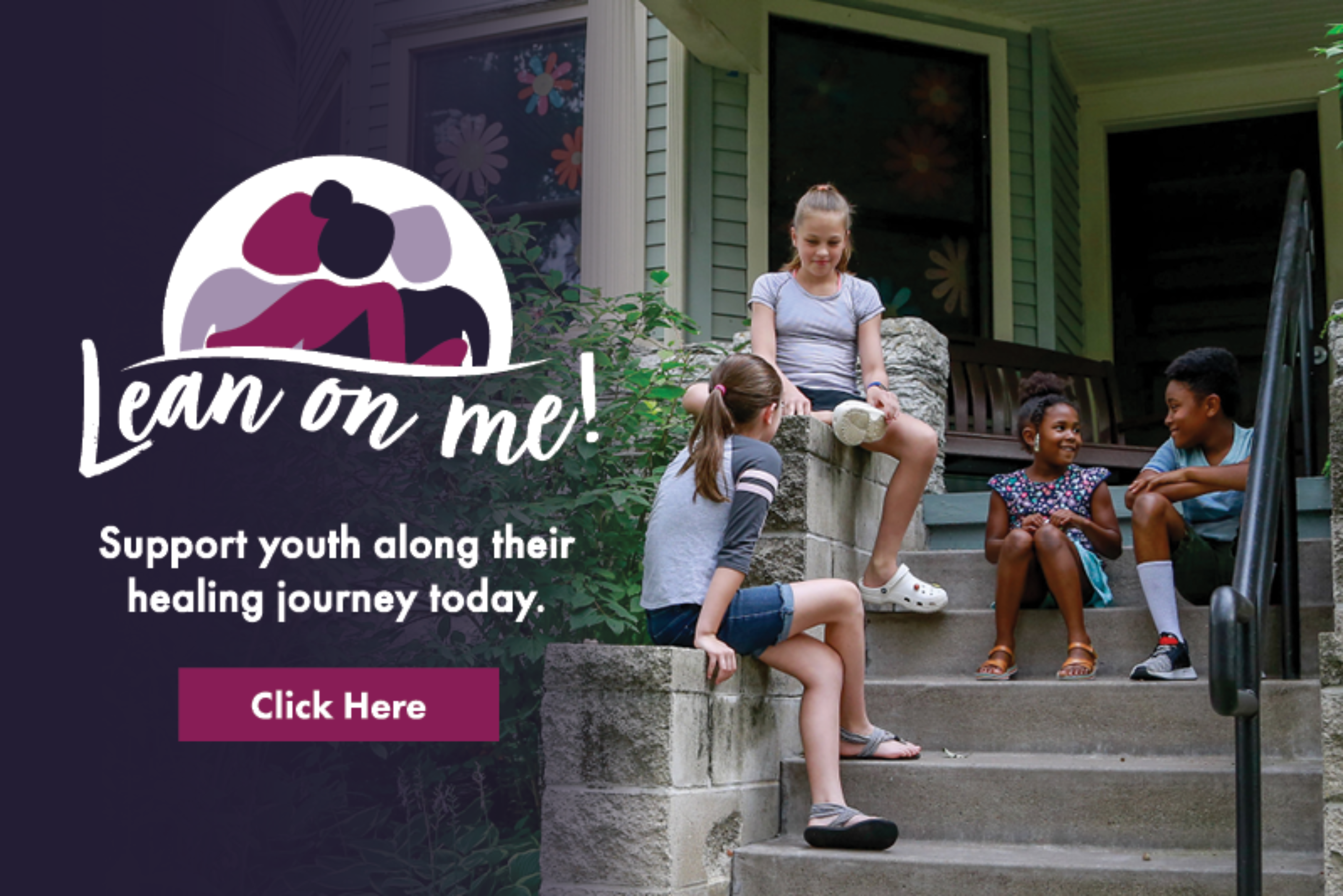 Image: four children sitting on front steps of Women's Advocates shelter talking to each other. Logo that shows three figures huddled together that says 